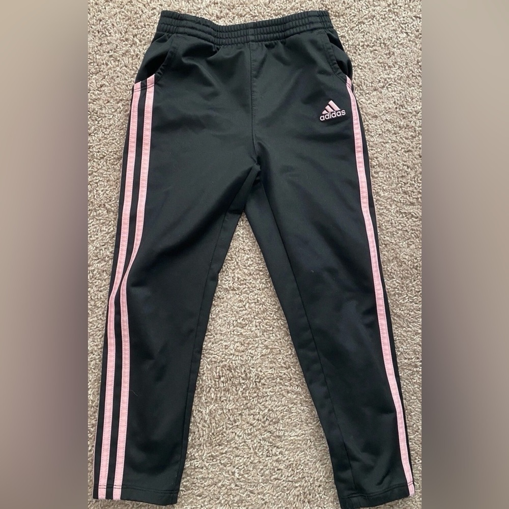 Adidas Kids Black Joggers with Pink Stripes